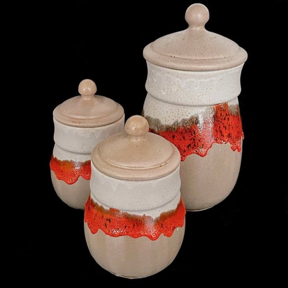 Vintage MCM 1970s Laurentian Pottery Lava Drip Glaze 3 Canisters Set Cookies Jar - Picture 1 of 10